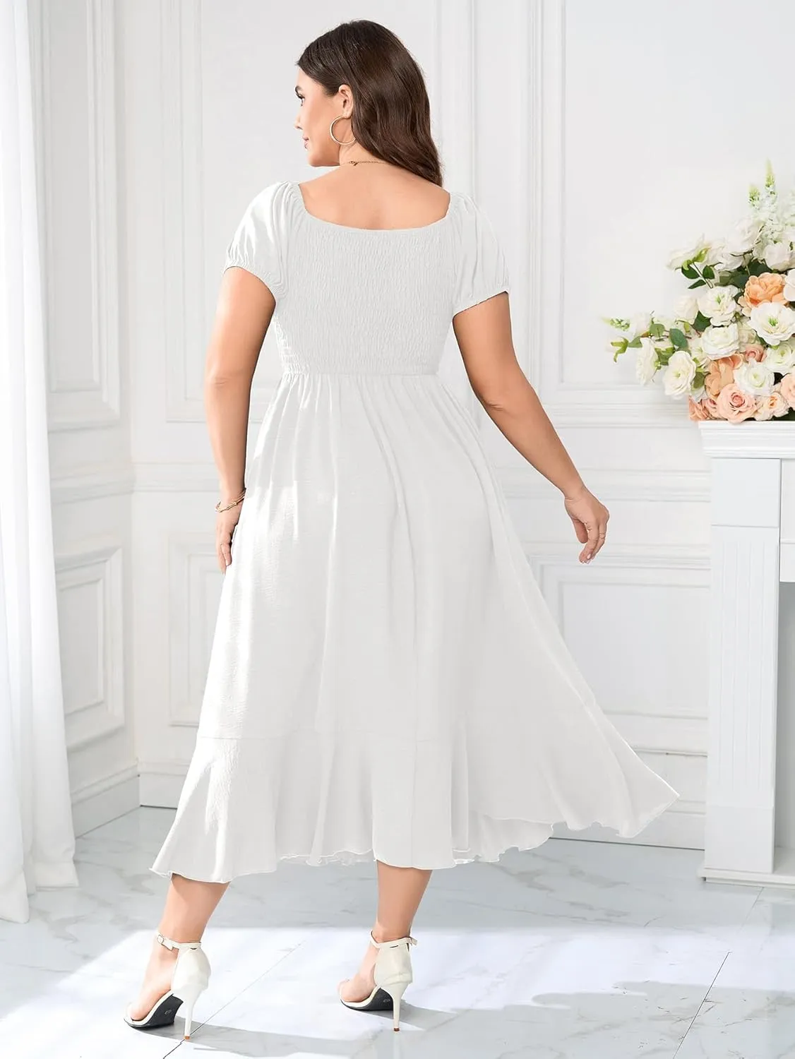 SCOMCHIC Womens Plus Size Summer Maxi Dress Ruched Front Square Neck Smocked Flowy A Line Formal Wedding Guest Dresses