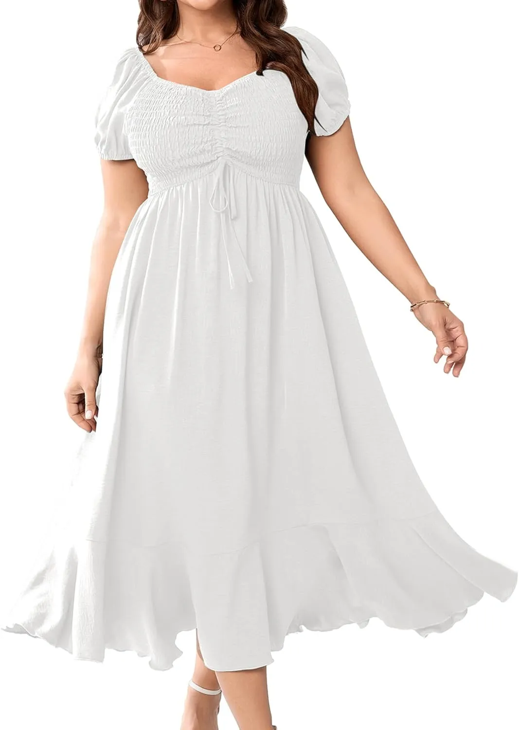 SCOMCHIC Womens Plus Size Summer Maxi Dress Ruched Front Square Neck Smocked Flowy A Line Formal Wedding Guest Dresses