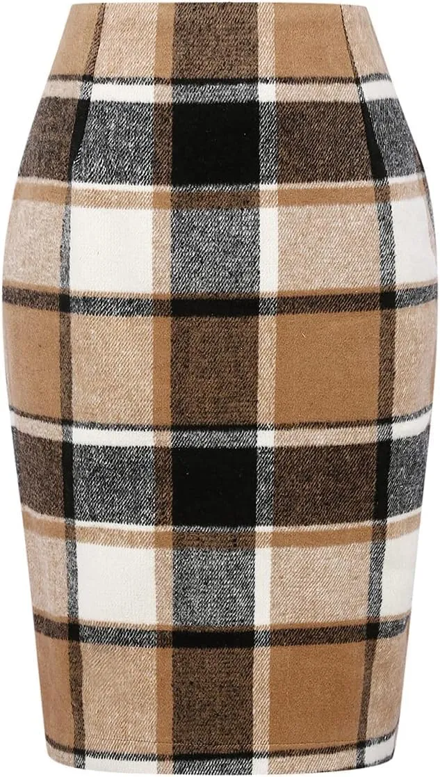 Sweater Dress for Women Midi Plaid Skirts for Women 2025 High Waisted Fall Winter Warm Knee Length Pencil Stretchy Skirt Blue