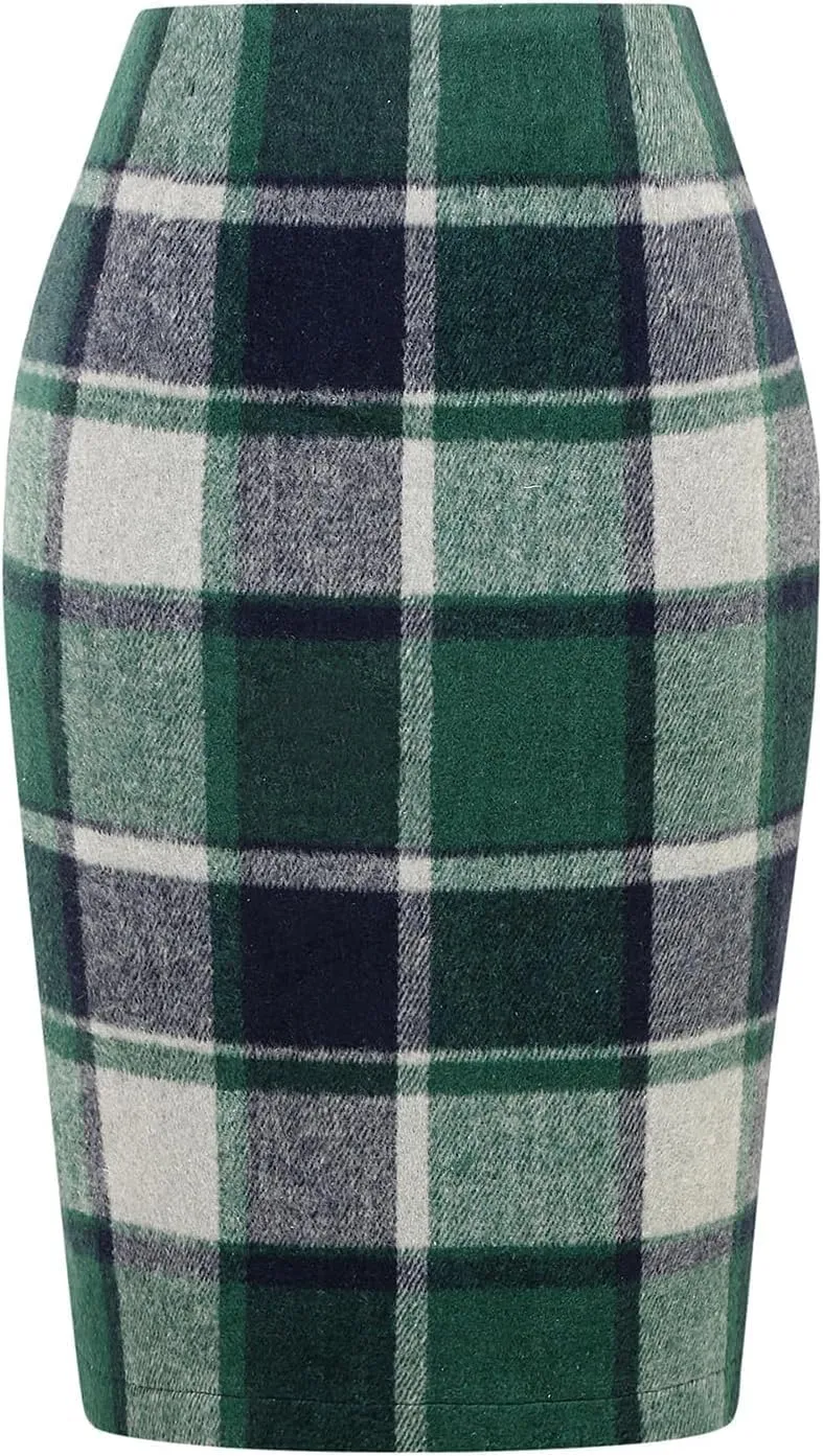 Sweater Dress for Women Midi Plaid Skirts for Women 2025 High Waisted Fall Winter Warm Knee Length Pencil Stretchy Skirt Blue