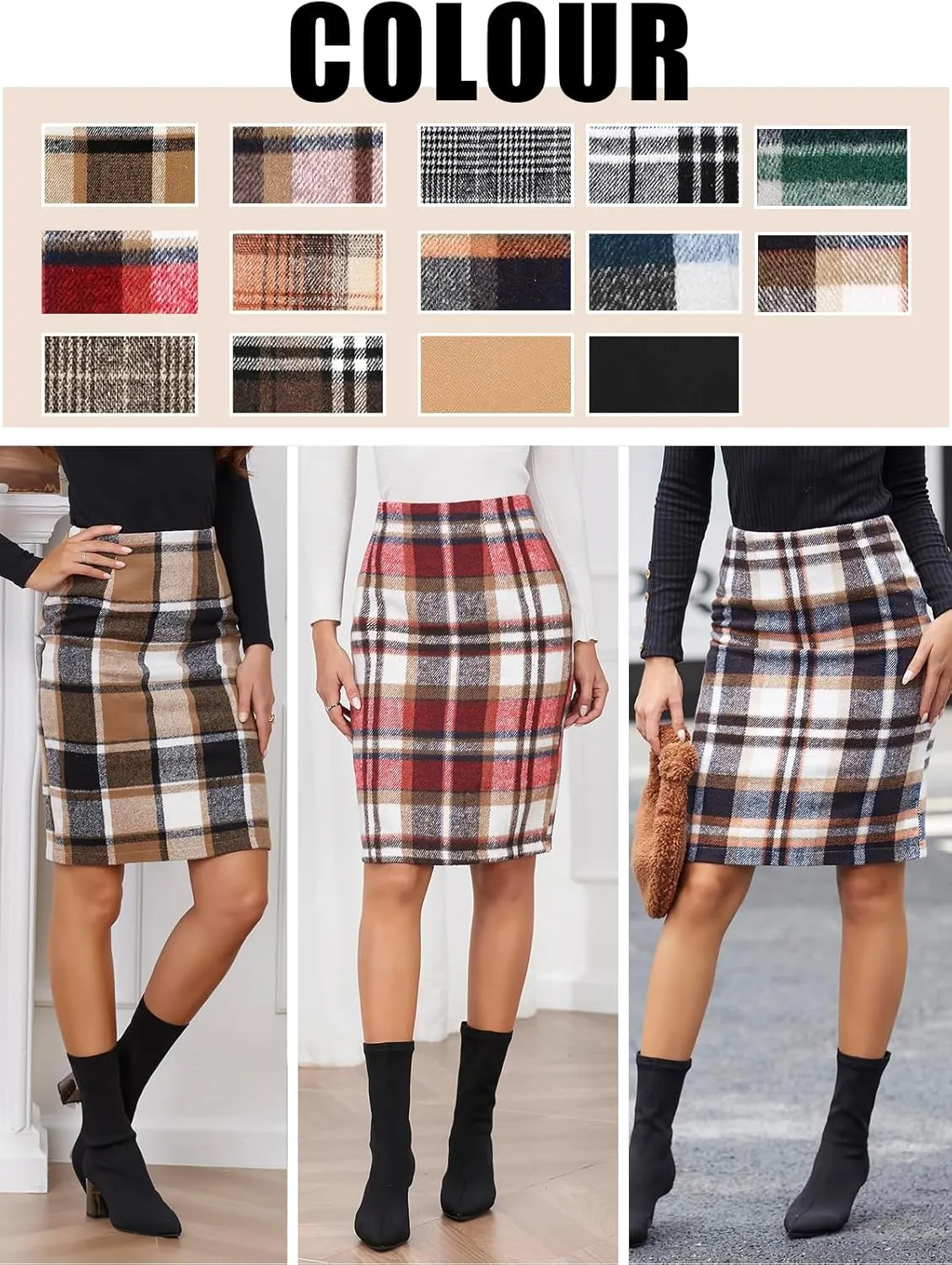 Sweater Dress for Women Midi Plaid Skirts for Women 2025 High Waisted Fall Winter Warm Knee Length Pencil Stretchy Skirt Blue