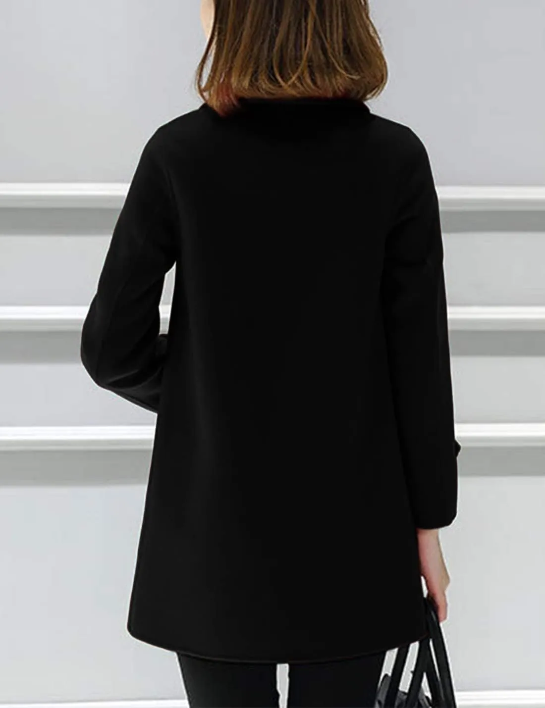 Tanming Women's Winter Double Breasted Coat Black Wool Peacoat Long Sleeve Trench Coat