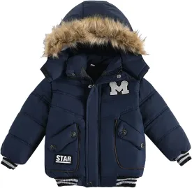 Toddler Boys Down Jacket Hood with Fur Collar Thick Warm Winter Fall Coat Parka Padded Fashion Warm Trim Outerwear