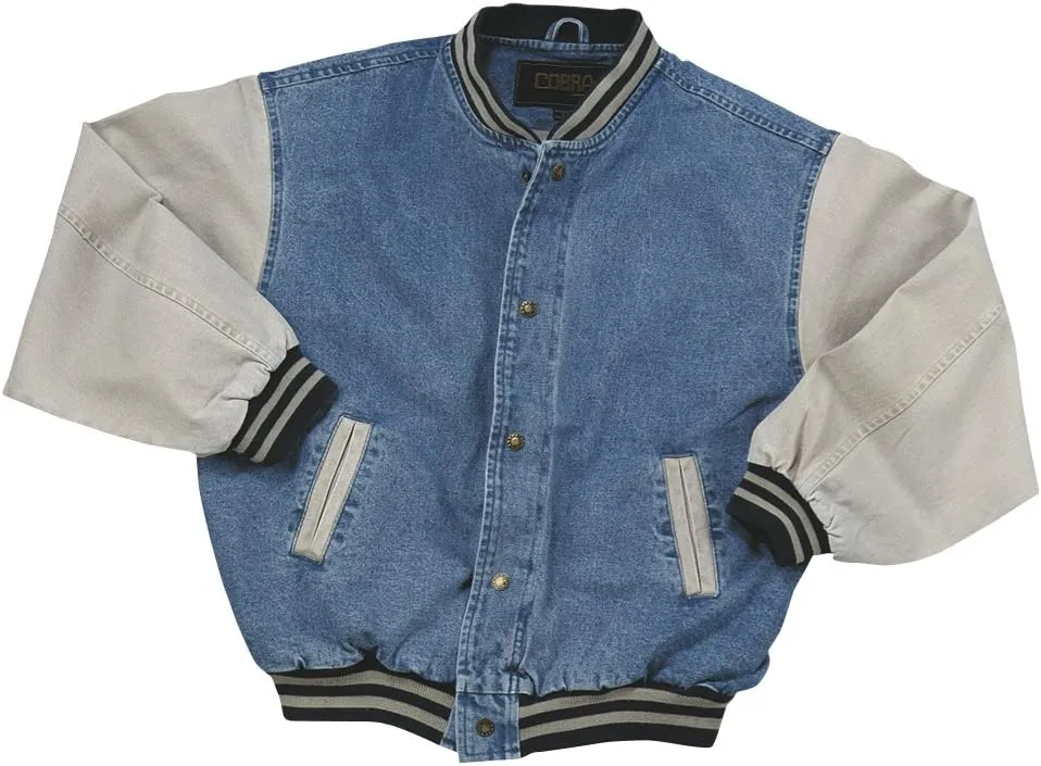 TRENDWAVE SPORTSWEAR Washed Cotton- Vintage Denim Varsity Jacket with Khaki Sleeves