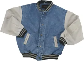 TRENDWAVE SPORTSWEAR Washed Cotton- Vintage Denim Varsity Jacket with Khaki Sleeves
