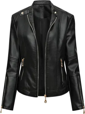 Women Faux Leather Casual Jacket Slim Zipper PU Pleather Jackets Plus Size Long Sleeve Cropped Motorcycle Bike Coat