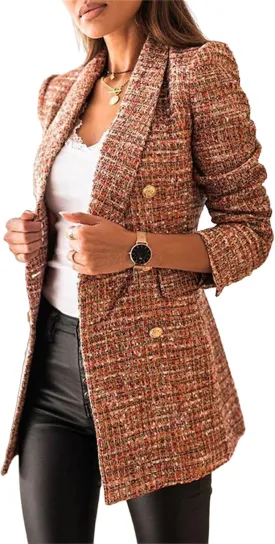 Womens Blazers Fashion Dressy Casual Suit Jacket Long Sleeve Double Breasted Plaid Casual Slim Fit Coats