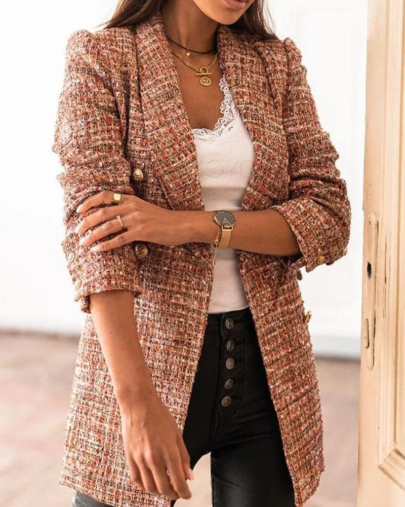 Womens Blazers Fashion Dressy Casual Suit Jacket Long Sleeve Double Breasted Plaid Casual Slim Fit Coats