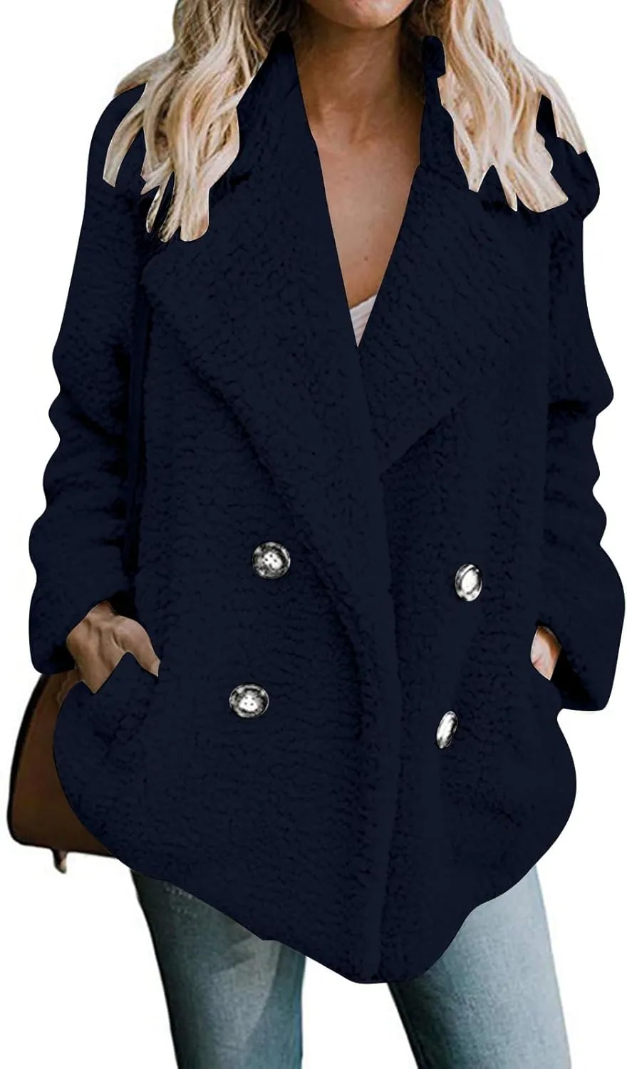Womens Classic Trendy Solid Fleece Coat Double Breasted Long Sleeve Outwear Warm Loose Soft Overcoat Winter Clothes