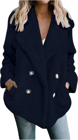 Womens Classic Trendy Solid Fleece Coat Double Breasted Long Sleeve Outwear Warm Loose Soft Overcoat Winter Clothes