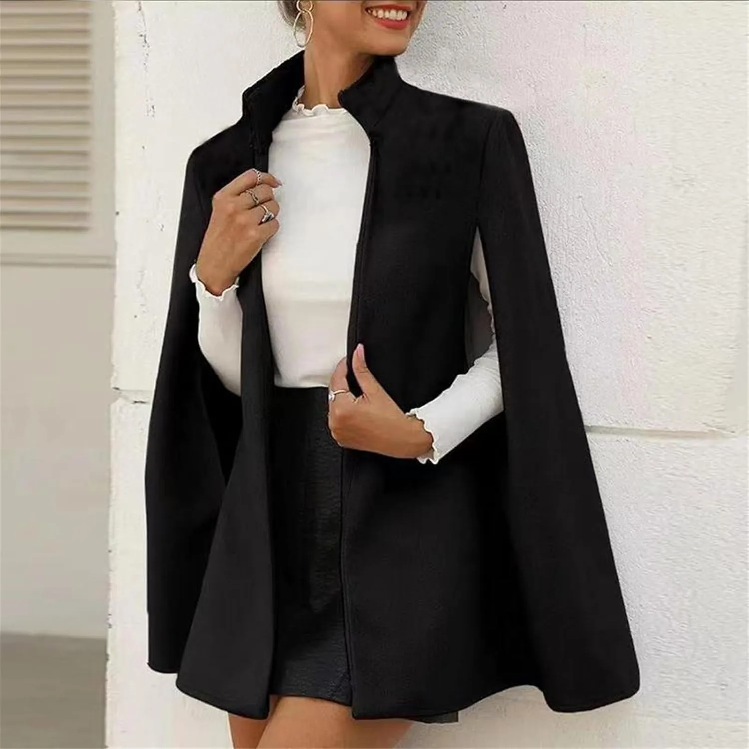 Women's Cloak Hood Wool-Blend Cape Coat Winter Cardigans Oversized Thick Coat Solid Blazer Jackets