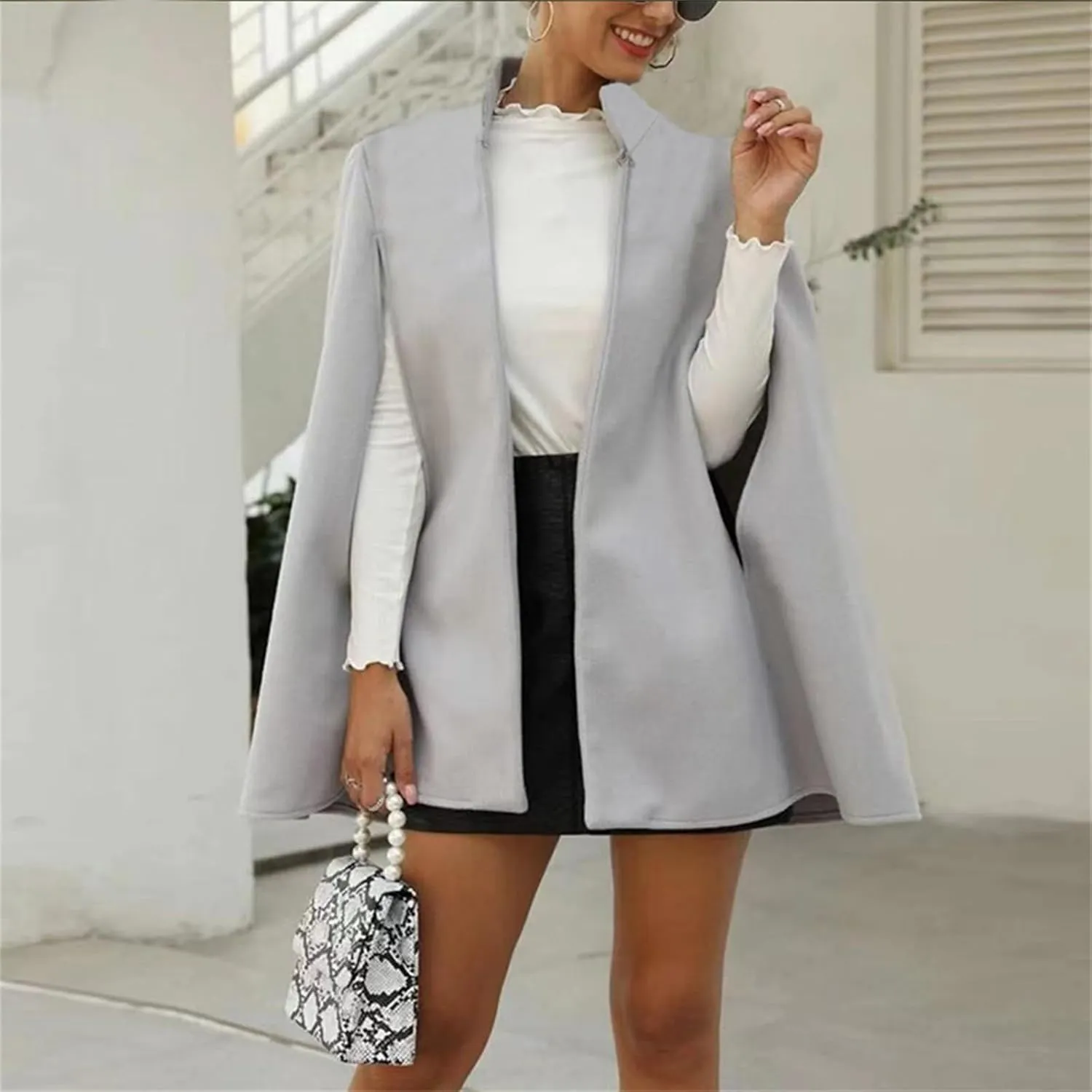 Women's Cloak Hood Wool-Blend Cape Coat Winter Cardigans Oversized Thick Coat Solid Blazer Jackets