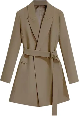 Womens Dressy Blazer Dress Casual Elegant Long Sleeve Lapel Formal Work Office Long Suit Strappy Belt Coat Jackets