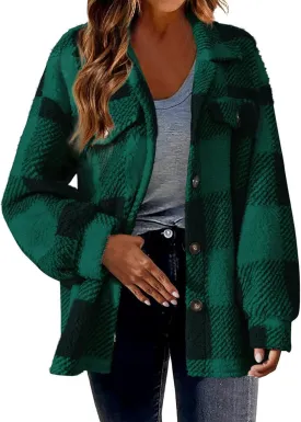 Womens Fuzzy Flannel Jacket Fall Fashion Sherpa Lined Plaid Shacket Jacket Long Sleeve Button Down Fleece Hoodies 