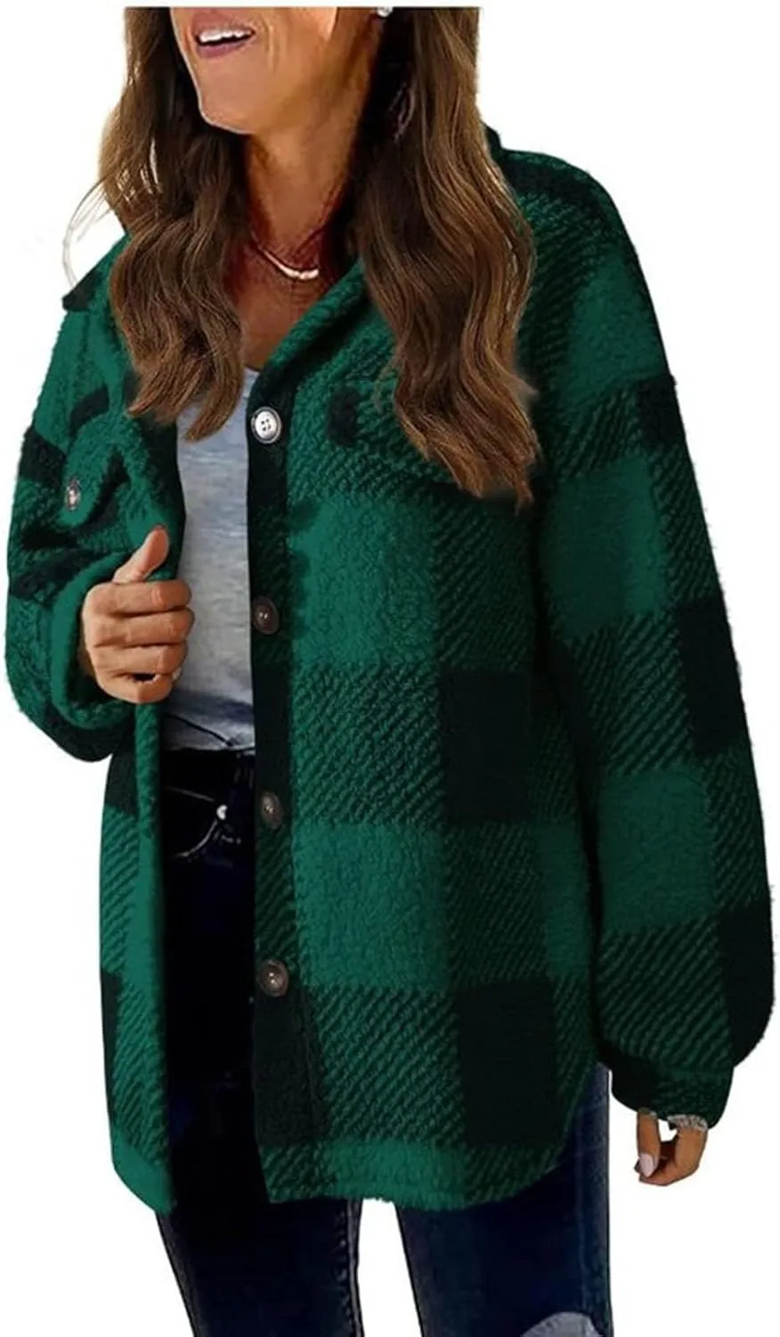 Womens Fuzzy Flannel Jacket Fall Fashion Sherpa Lined Plaid Shacket Jacket Long Sleeve Button Down Fleece Hoodies 