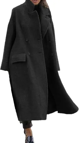 Womens Long Pea Coats Wool Blend Ankle Length Business Casual Trench Coats Long Sleeve Open Front Dressy Jackets