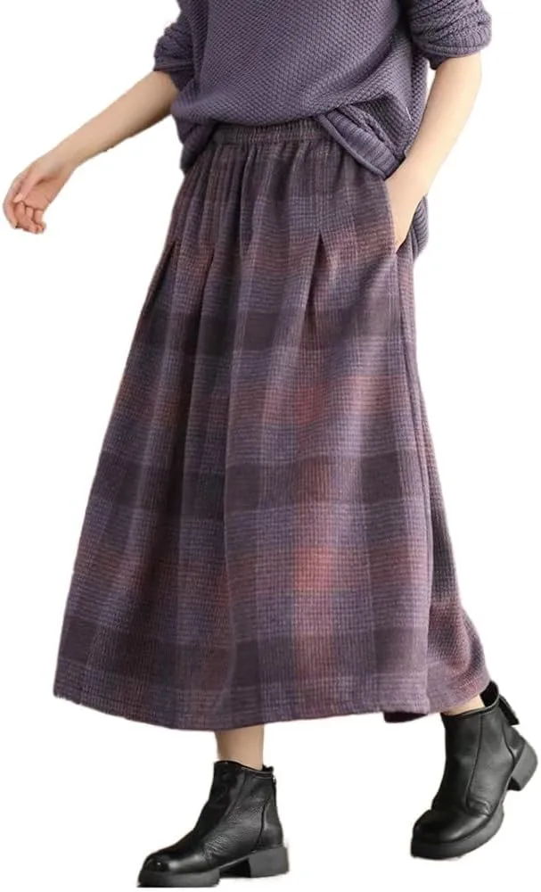 Womens Plaid Wool Skirt Fall Winter Warm High Elastic Waist A Line Pleated Wool Tartan Long Skirts