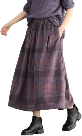 Womens Plaid Wool Skirt Fall Winter Warm High Elastic Waist A Line Pleated Wool Tartan Long Skirts