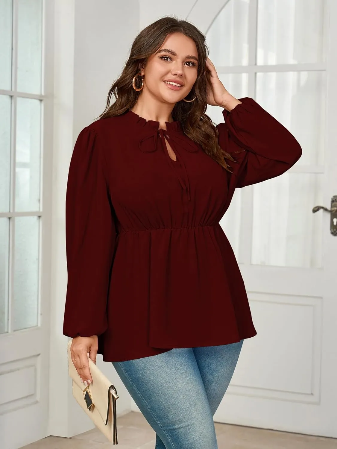 Womens Plus Size Blouse Tops Long Sleeve Tie Front Work Tops Dressy Casual Flowy Ruffle Peplum Tops for Women