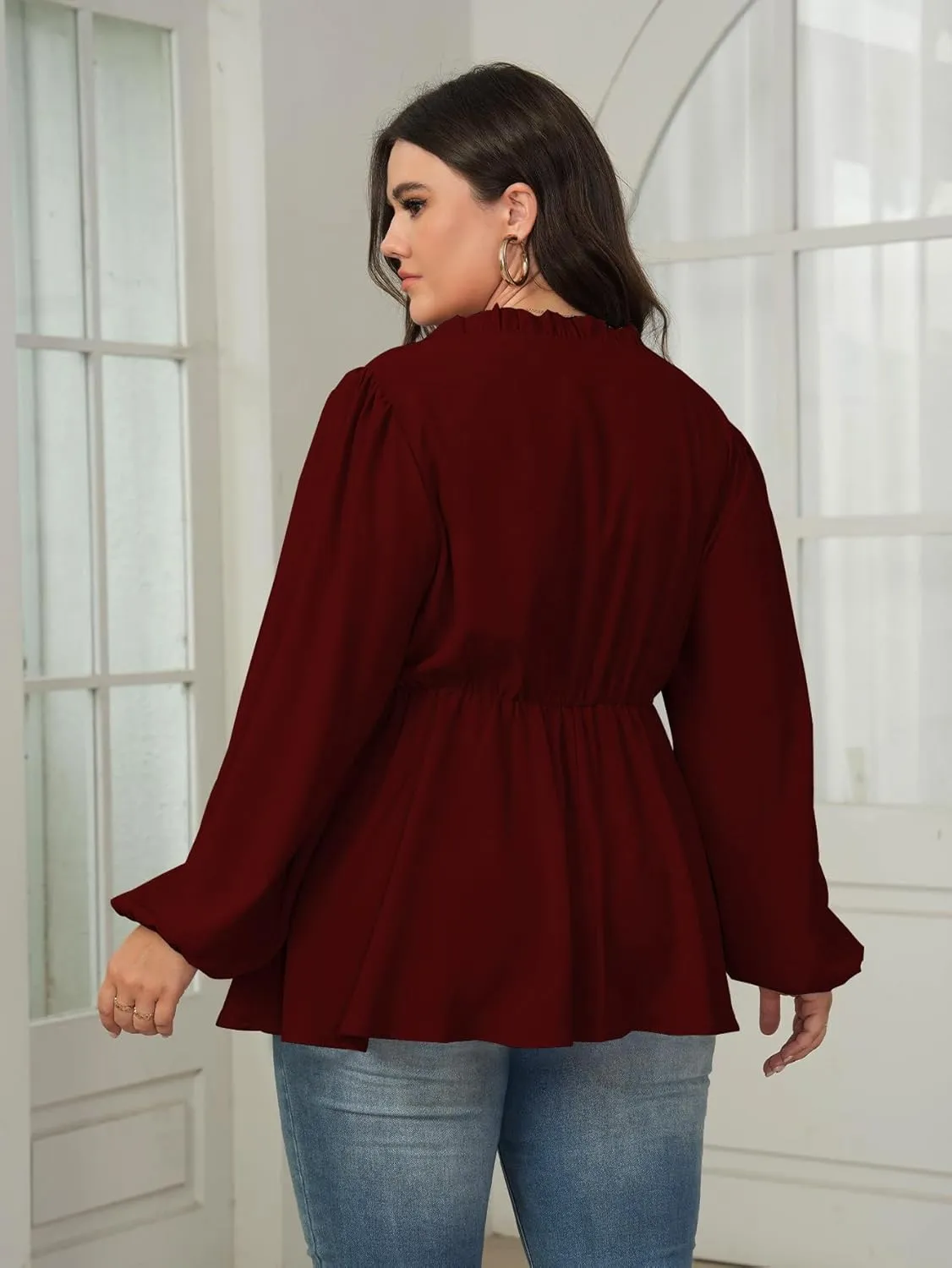 Womens Plus Size Blouse Tops Long Sleeve Tie Front Work Tops Dressy Casual Flowy Ruffle Peplum Tops for Women