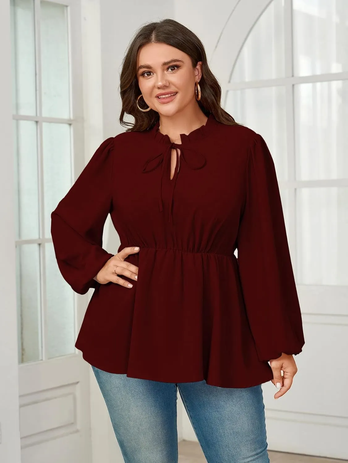 Womens Plus Size Blouse Tops Long Sleeve Tie Front Work Tops Dressy Casual Flowy Ruffle Peplum Tops for Women