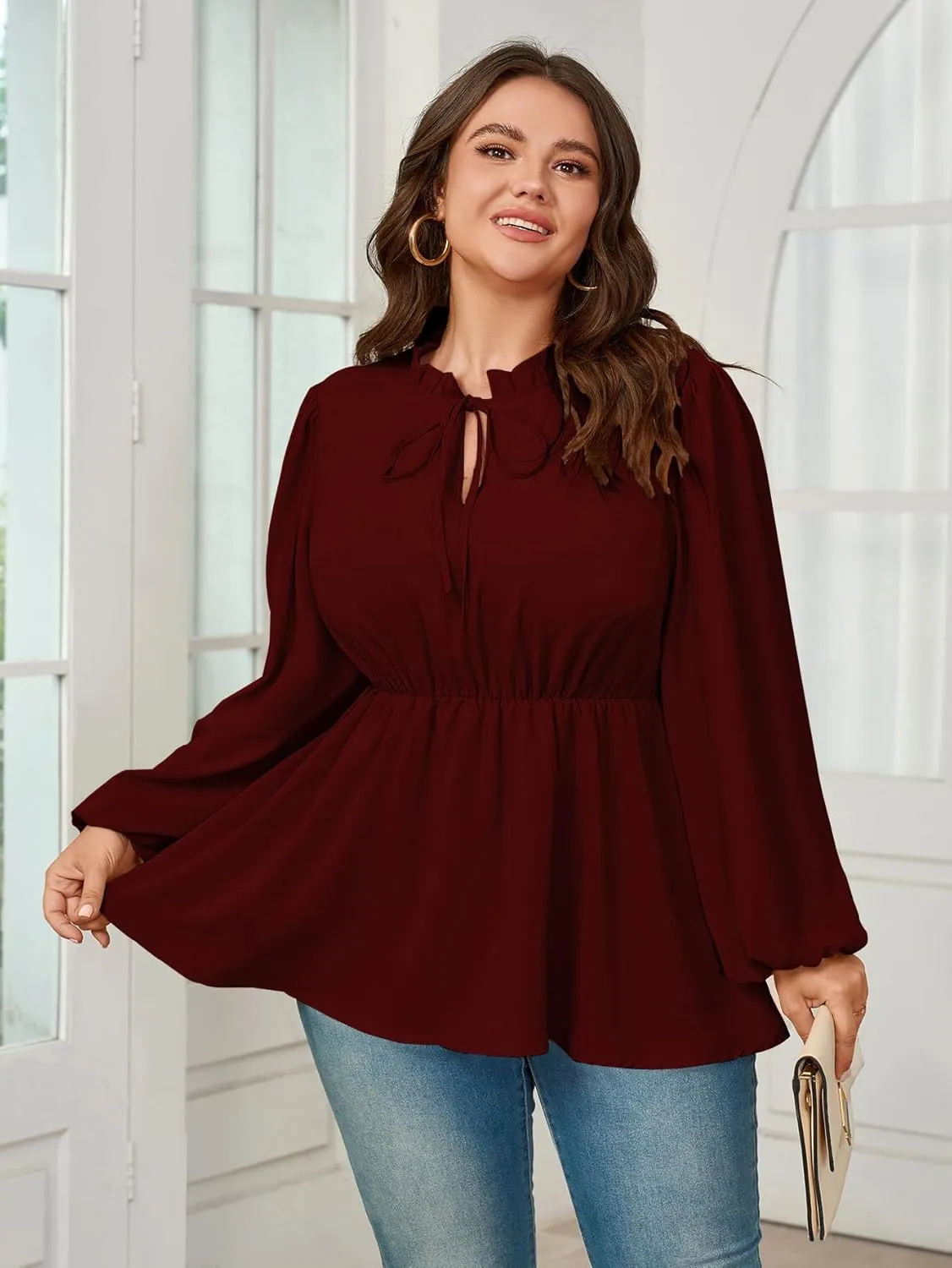 Womens Plus Size Blouse Tops Long Sleeve Tie Front Work Tops Dressy Casual Flowy Ruffle Peplum Tops for Women