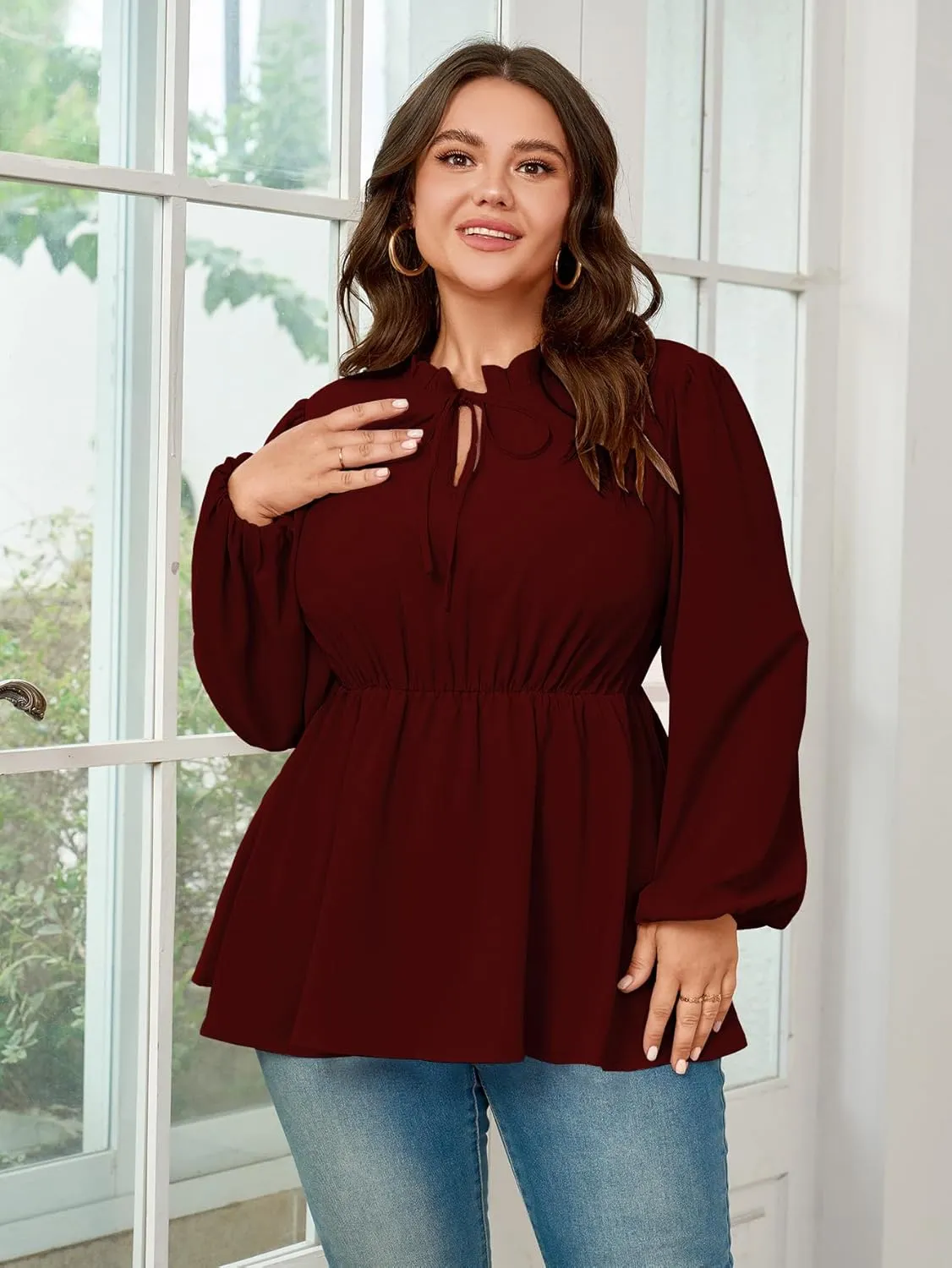 Womens Plus Size Blouse Tops Long Sleeve Tie Front Work Tops Dressy Casual Flowy Ruffle Peplum Tops for Women