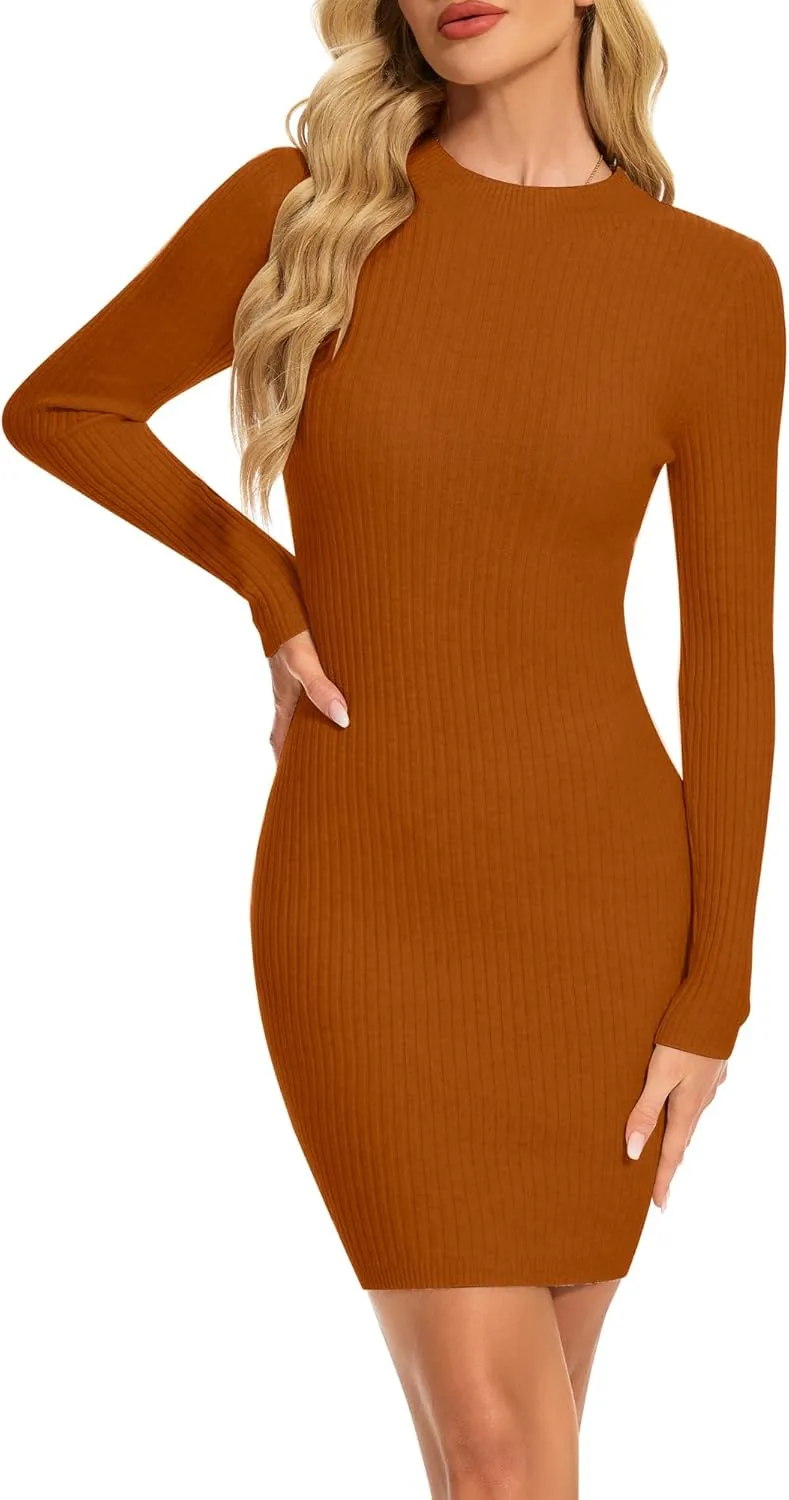 Women's Sweater Dress Long Sleeve Ribbed Stretch Slim Fit Bodycon Dress for Fall Winter