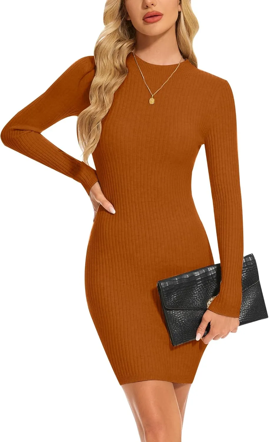 Women's Sweater Dress Long Sleeve Ribbed Stretch Slim Fit Bodycon Dress for Fall Winter