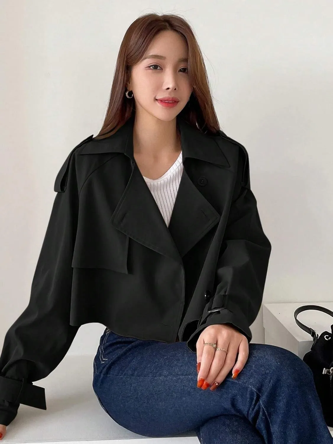 Womens Trench Coat Fall Fashion 2023 Black Casual Raglan Sleeve Cropped Trench Coat Long Sleeve Trench Coats