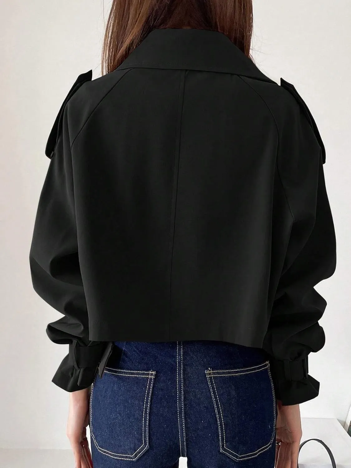 Womens Trench Coat Fall Fashion 2023 Black Casual Raglan Sleeve Cropped Trench Coat Long Sleeve Trench Coats