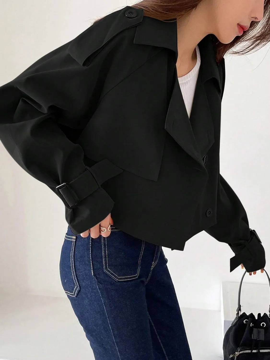 Womens Trench Coat Fall Fashion 2023 Black Casual Raglan Sleeve Cropped Trench Coat Long Sleeve Trench Coats