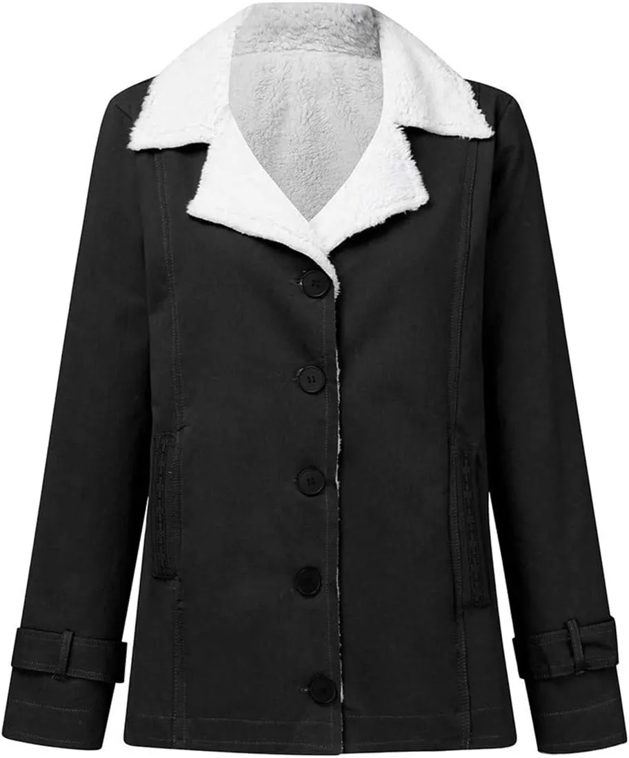 Women's Winter Warm Coats Fuzzy Fleece Sherpa Jackets Button Down Pullover Tops Casual Loose Outwear with Pockets