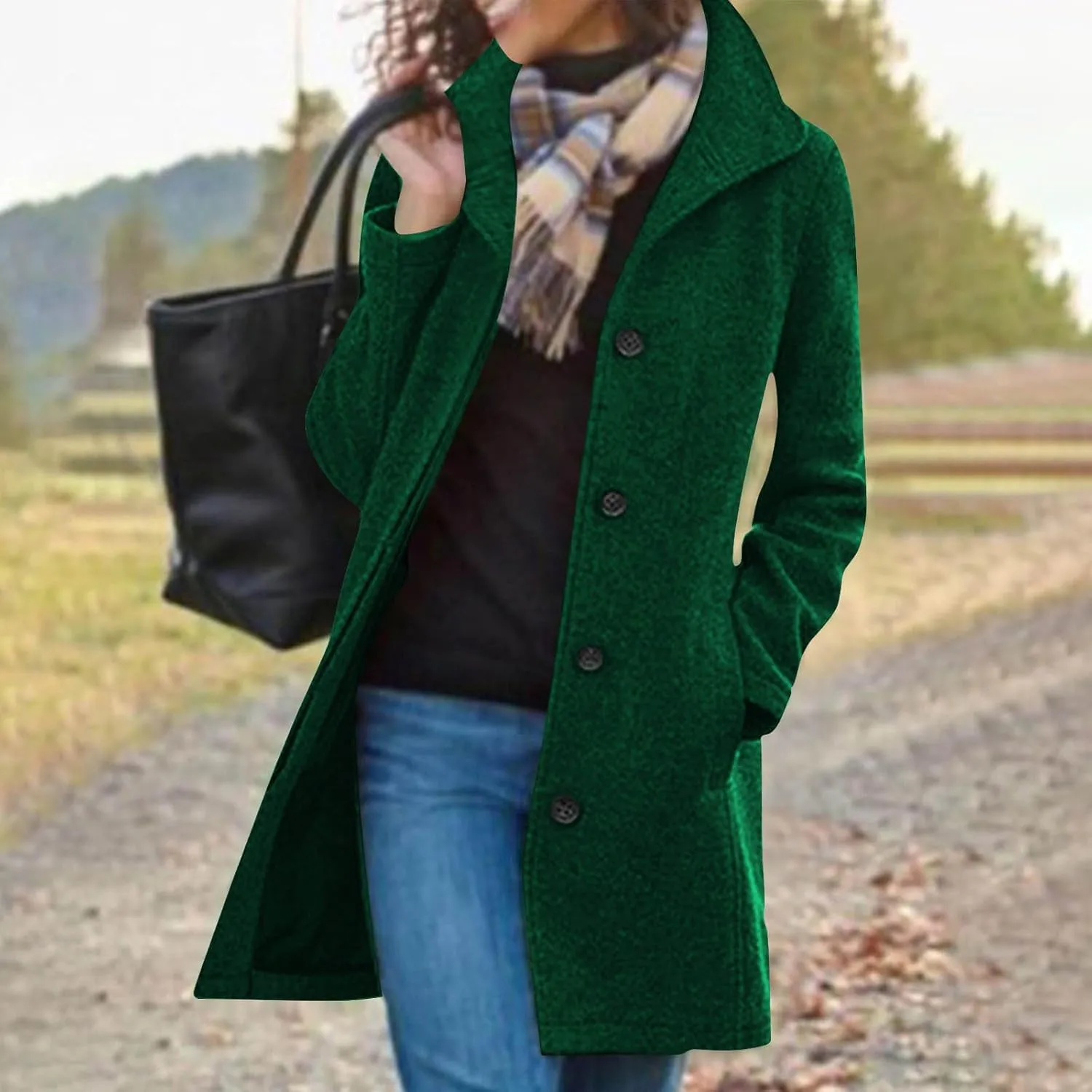 Womens Winter Wool Blend Coat Solid Single Breasted Stand Collar Pea Coat Casual Loose Thicken Warm Trench Coat
