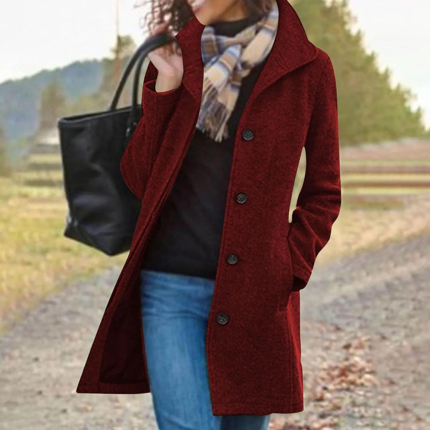 Womens Winter Wool Blend Coat Solid Single Breasted Stand Collar Pea Coat Casual Loose Thicken Warm Trench Coat