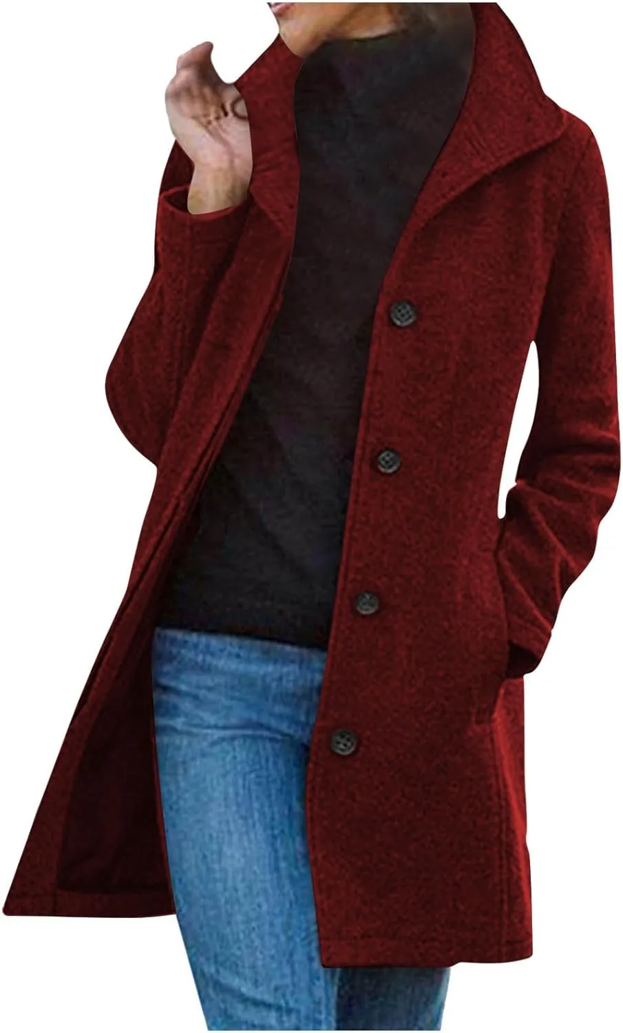 Womens Winter Wool Blend Coat Solid Single Breasted Stand Collar Pea Coat Casual Loose Thicken Warm Trench Coat